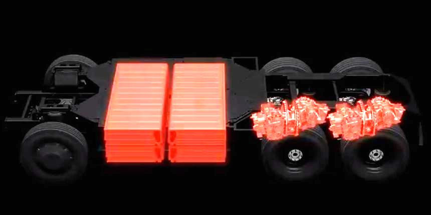 Расположение аккумуляторной батареи и электродвигателей в Tesla Semi