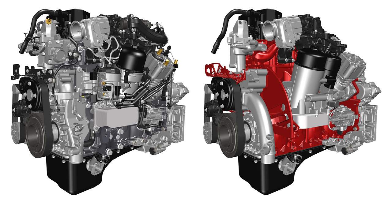 Слева — отправная точка: двигатель Renault Trucks DTI 5 Eвро-6, состоящий из 841 части. Справа — тот же двигатель, но построенный с использованием 3D-печати для уменьшения массы и количества деталей